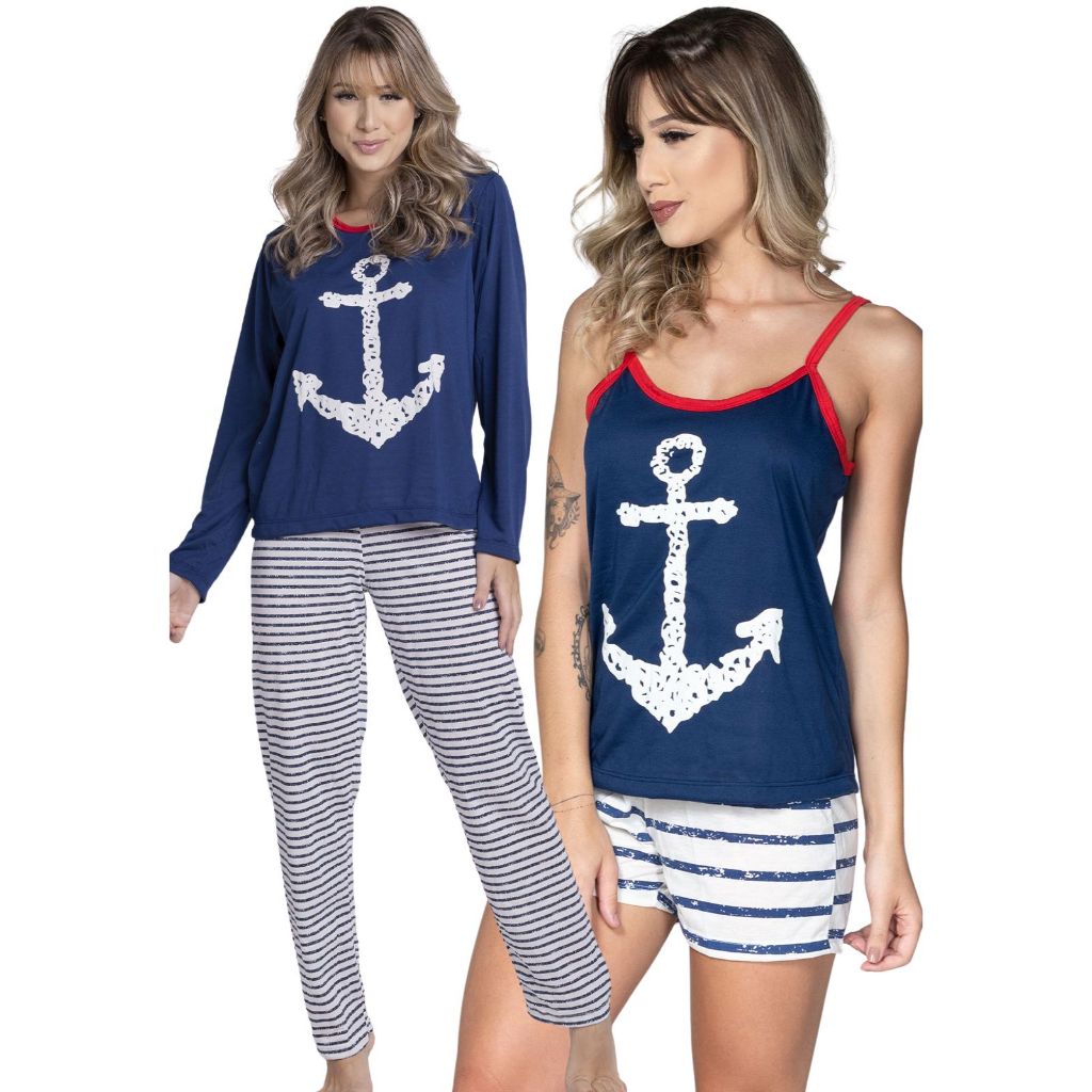 Pijama Feminino Curto e Longo KIT 2 UNIDADES Verão e Inverno Serra e Mar Modas