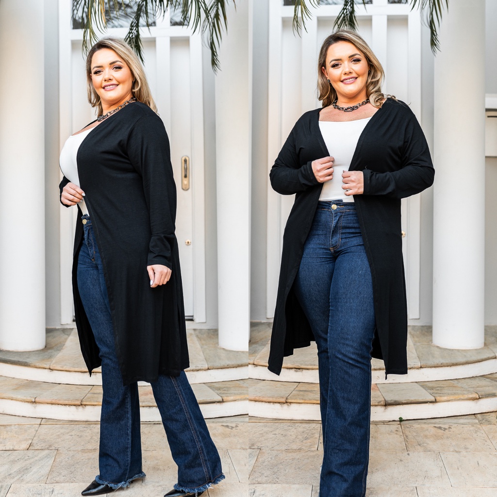 Casaco Plus Size Manga Longa Kimono Cardigan Com Fendas Laterais Básico Moda Feminina Outono Inverno
