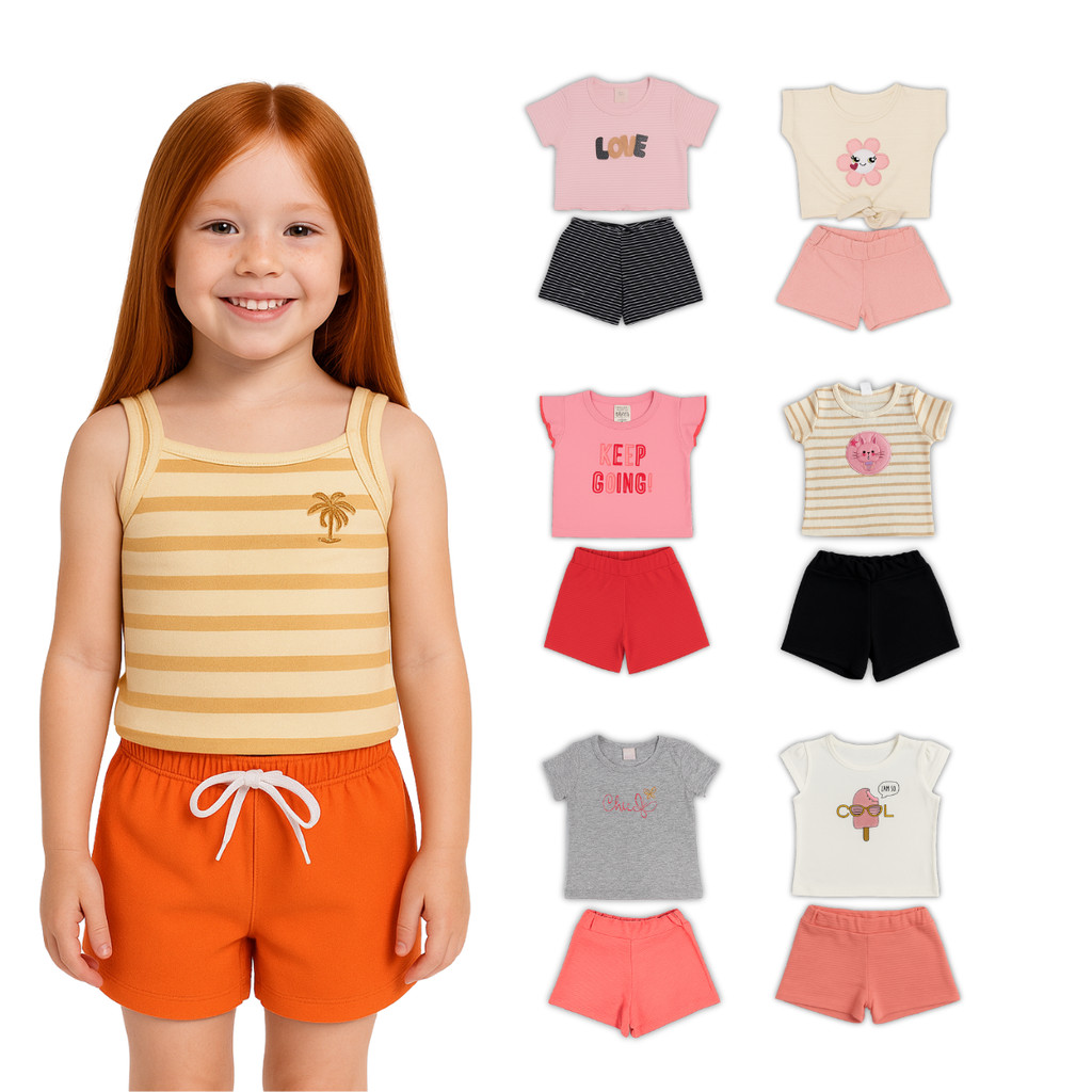 Kit 10 Peças Sortidas Conjunto Infantil Bordado Roupa Feminina Menina Estação Verão Primavera Manga Curta