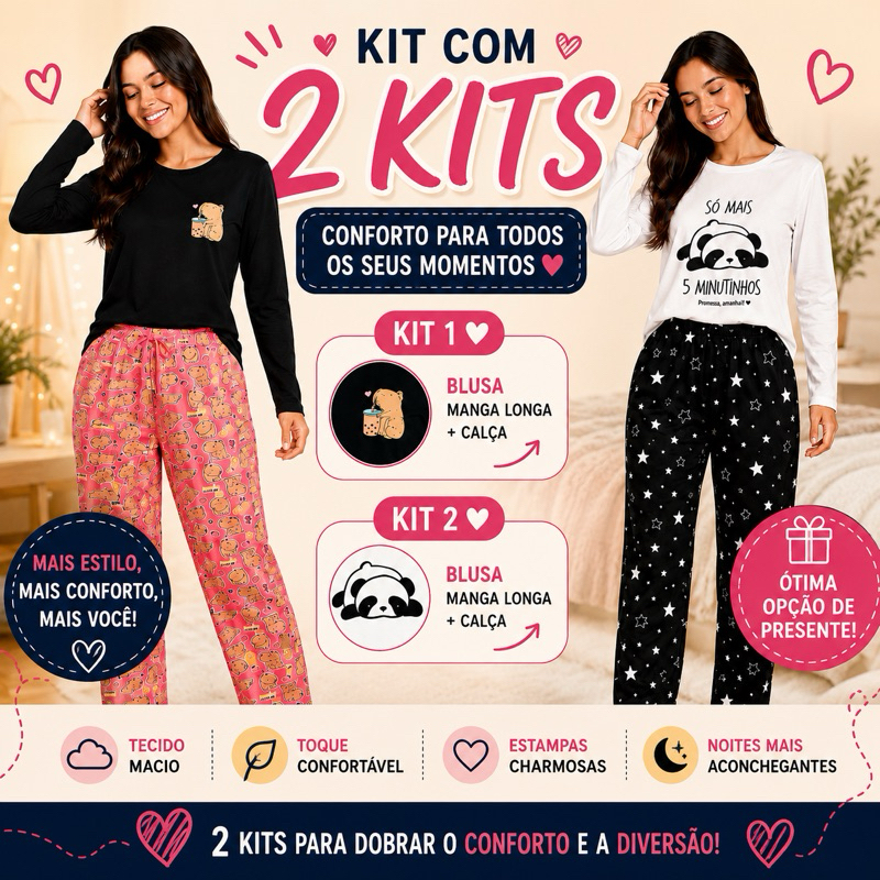 Kit 2 Pijamas Juvenil Feminino 10 12 14 16 Conjuntos Longos Estampados Conforto e Estilo Sortido