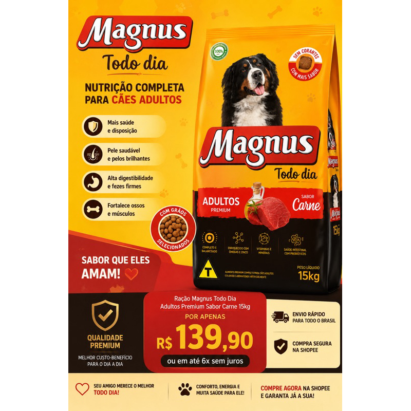 Magnus Premium Todo Dia Cães Adultos Sabor Carne 15 kg