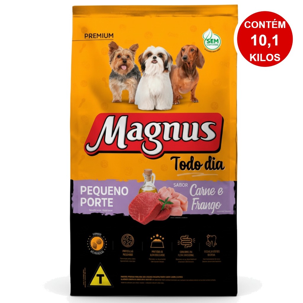 Ração Magnus Premium Todo Dia 10,1Kg Cães Adultos Pequeno Porte Sabor Carne e Frango Adimax