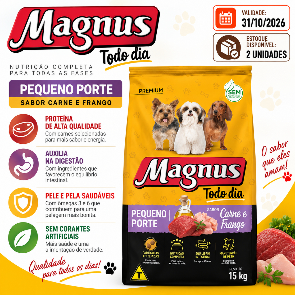 Ração Magnus Premium Todo Dia Cães Adultos Pequeno Porte Sabor Carne e Frango 15 kg