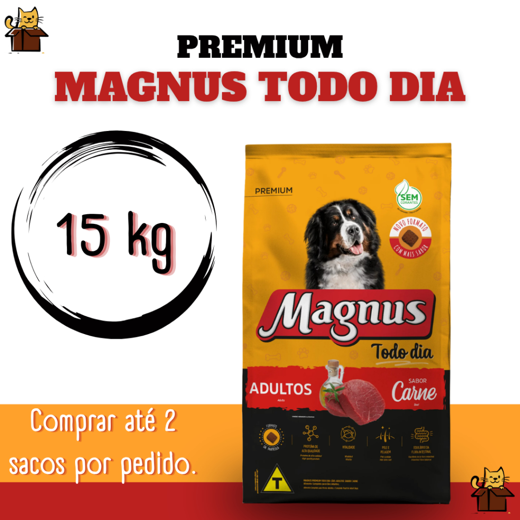 Ração Magnus Todo dia Racao Sabor Carne Adultos Porte Grande 15kg