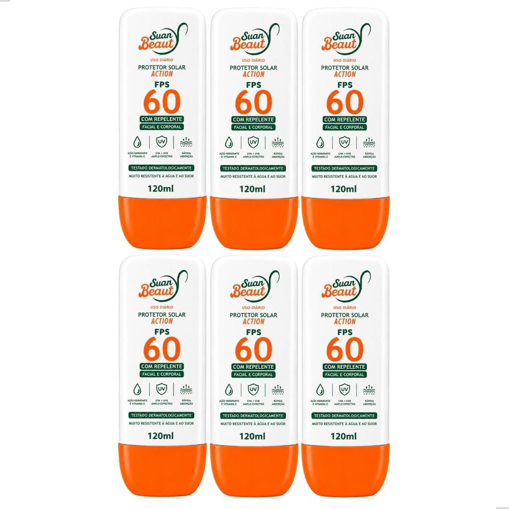 Kit 6 Protetores Bloqueador Solar com Repelente FPS 60 Facial e Corporal 120ml Suan Beaut Action