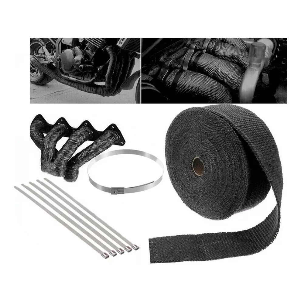 Manta Térmica Preta 10m Termotape Escapamento Carro Moto 6 Abraçadeiras Inox Alta Temperatura