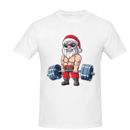 Camiseta Básica Algodão Unissex Papai Noel Levantando Peso Moda Natal