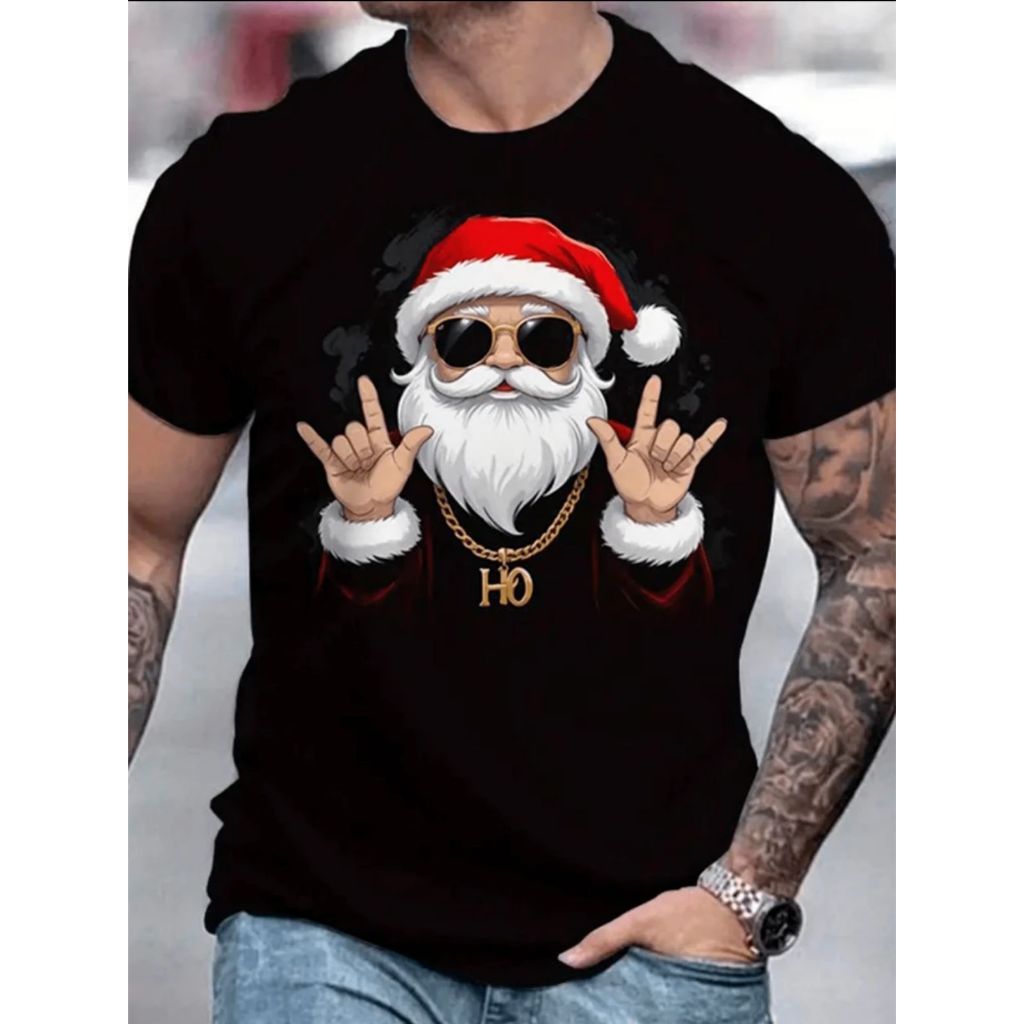 Camiseta de natal masculina feminina básica 100% algodao papai noel