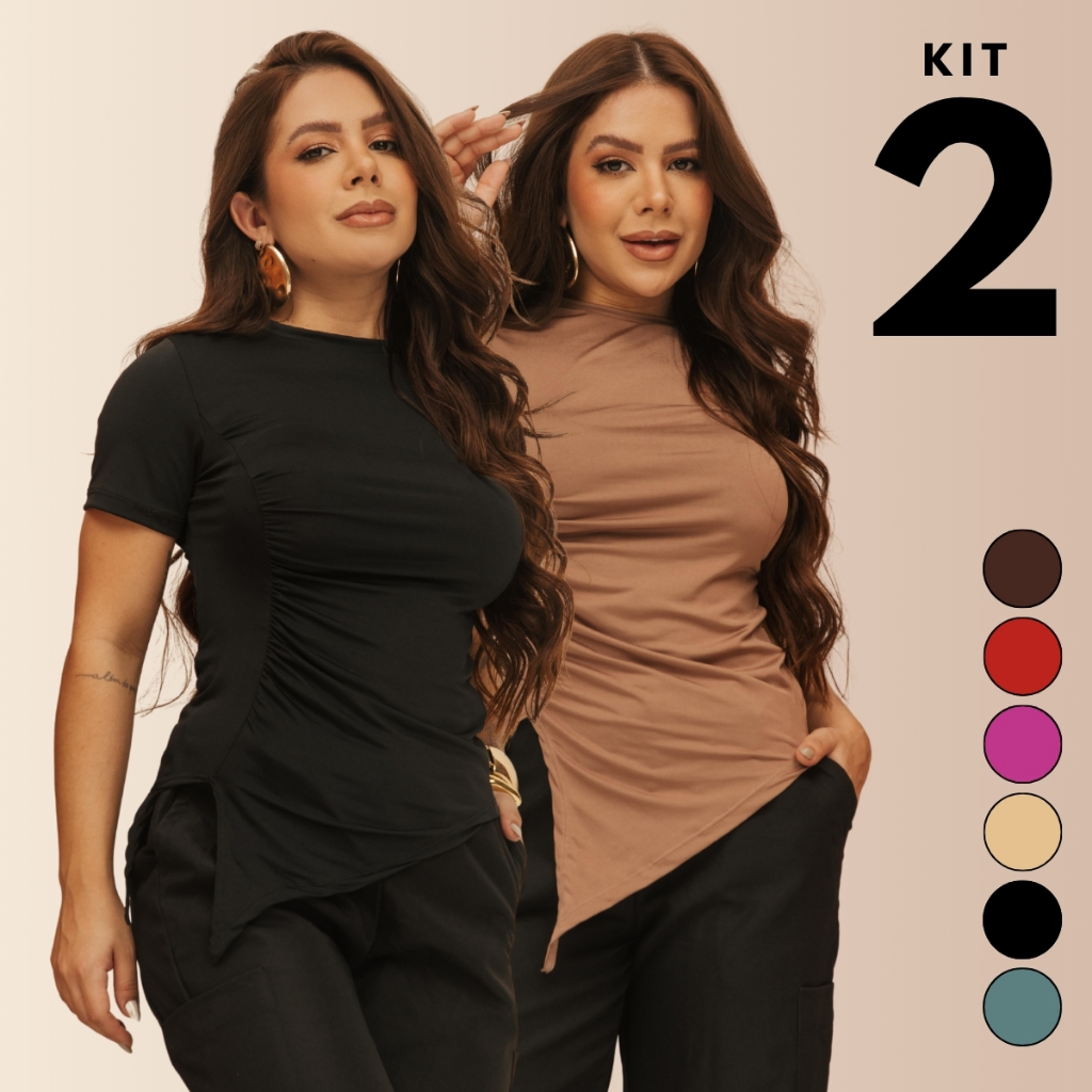 Kit 2 Blusa Feminina Assimétrica Drapeada Básica Justa Atemporal Slim Blogueira Natal