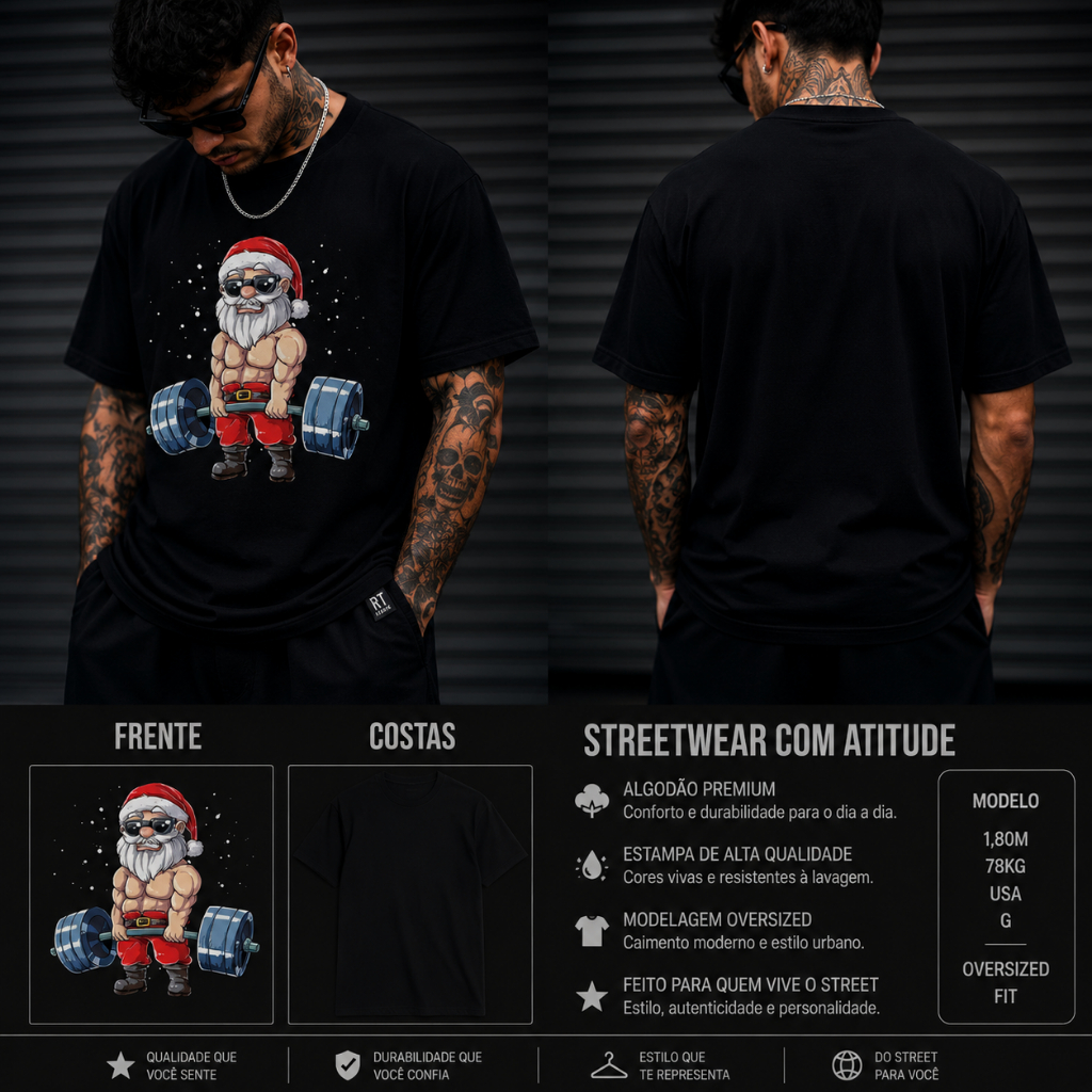 Camiseta Básica Algodão Unissex Papai Noel Levantando Peso Moda Natalina Natal Camisa 100% Algodão