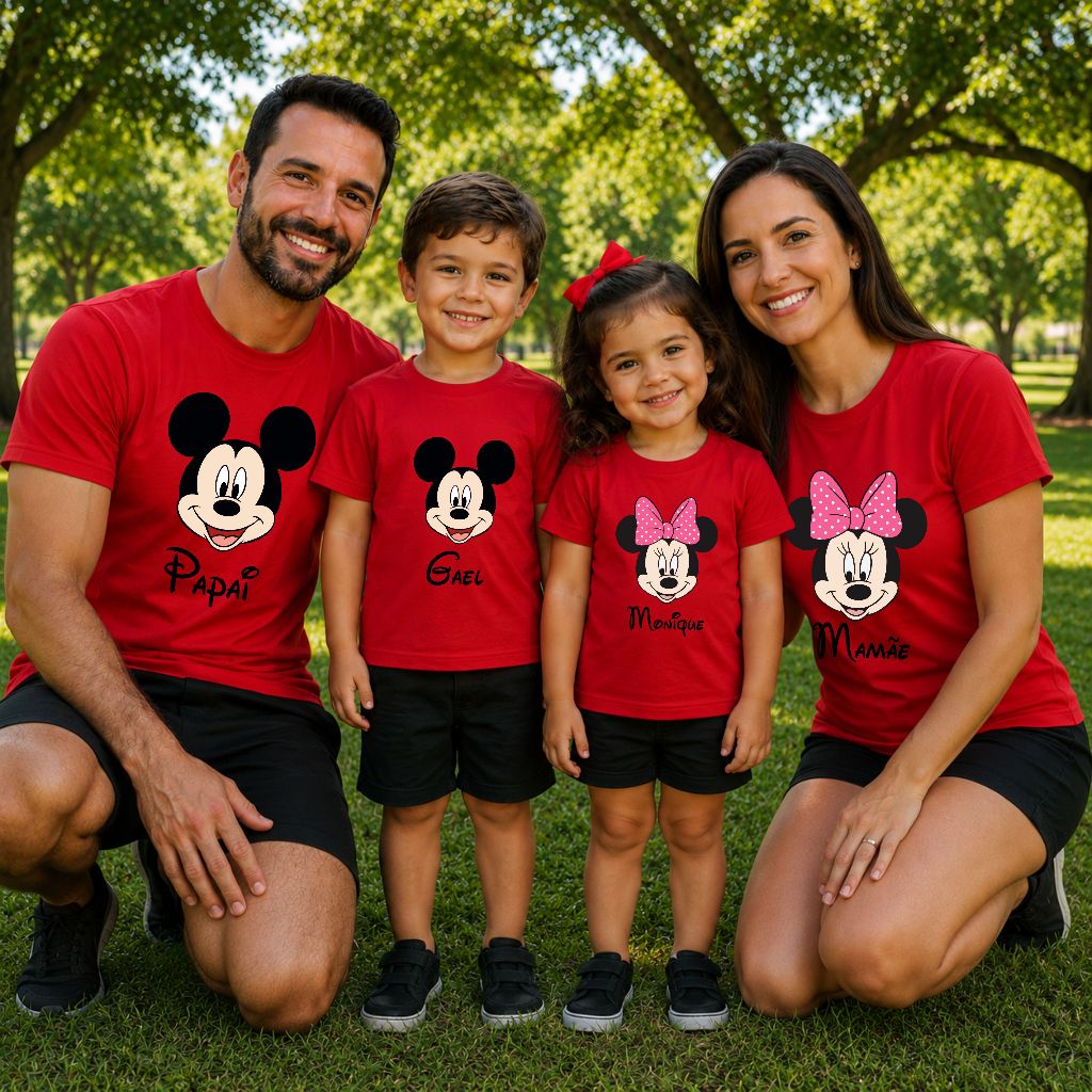 Kit camisetas personalizadas para familia mickey minnie tal pai mae filho filha bebe com nome vermelha