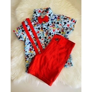 Conjunto Menino Infantil Luxo Temático Mickey RF+03 + Bermuda Vermelha