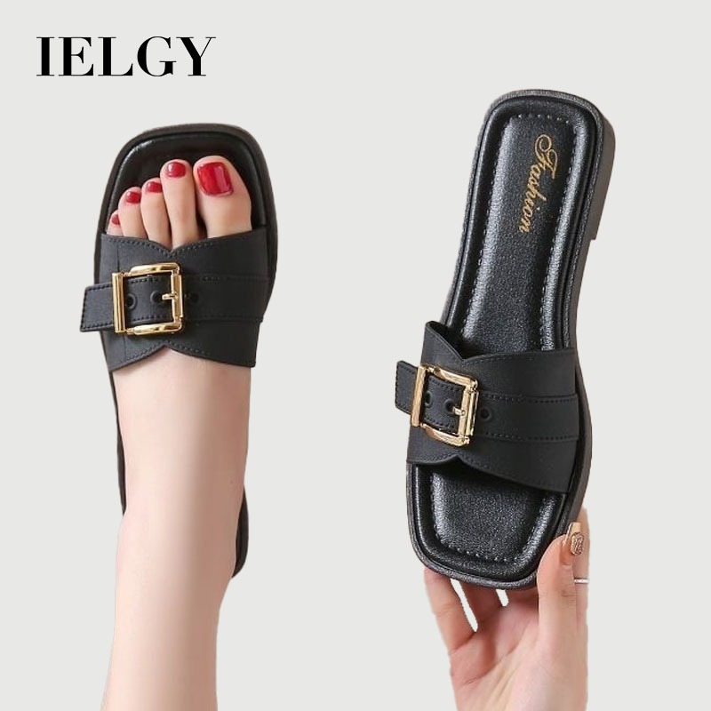 IELGY Chinelos Planos Com Fivela Quadrada Feminina Moda Verão Mostra Pés Pequenos Sapatos Deslizantes