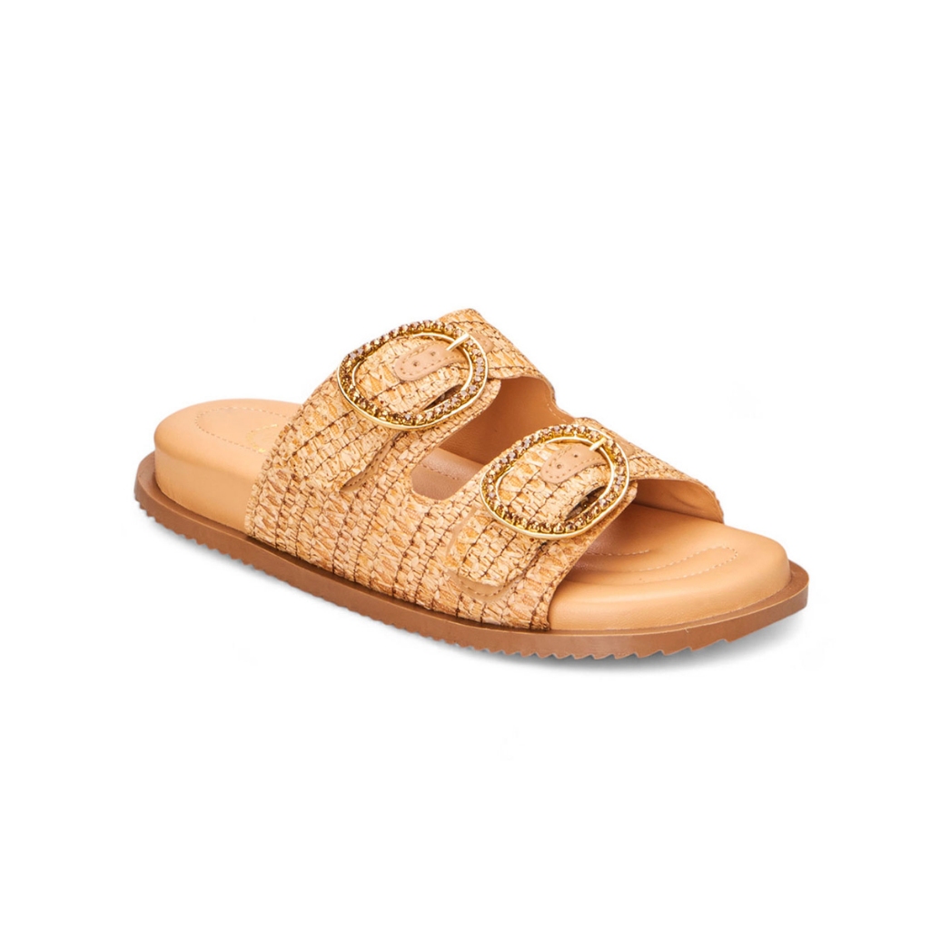Sandalia Papete SB Shoes Feminina Maia Buckle Rafia Bege Conforto Strass