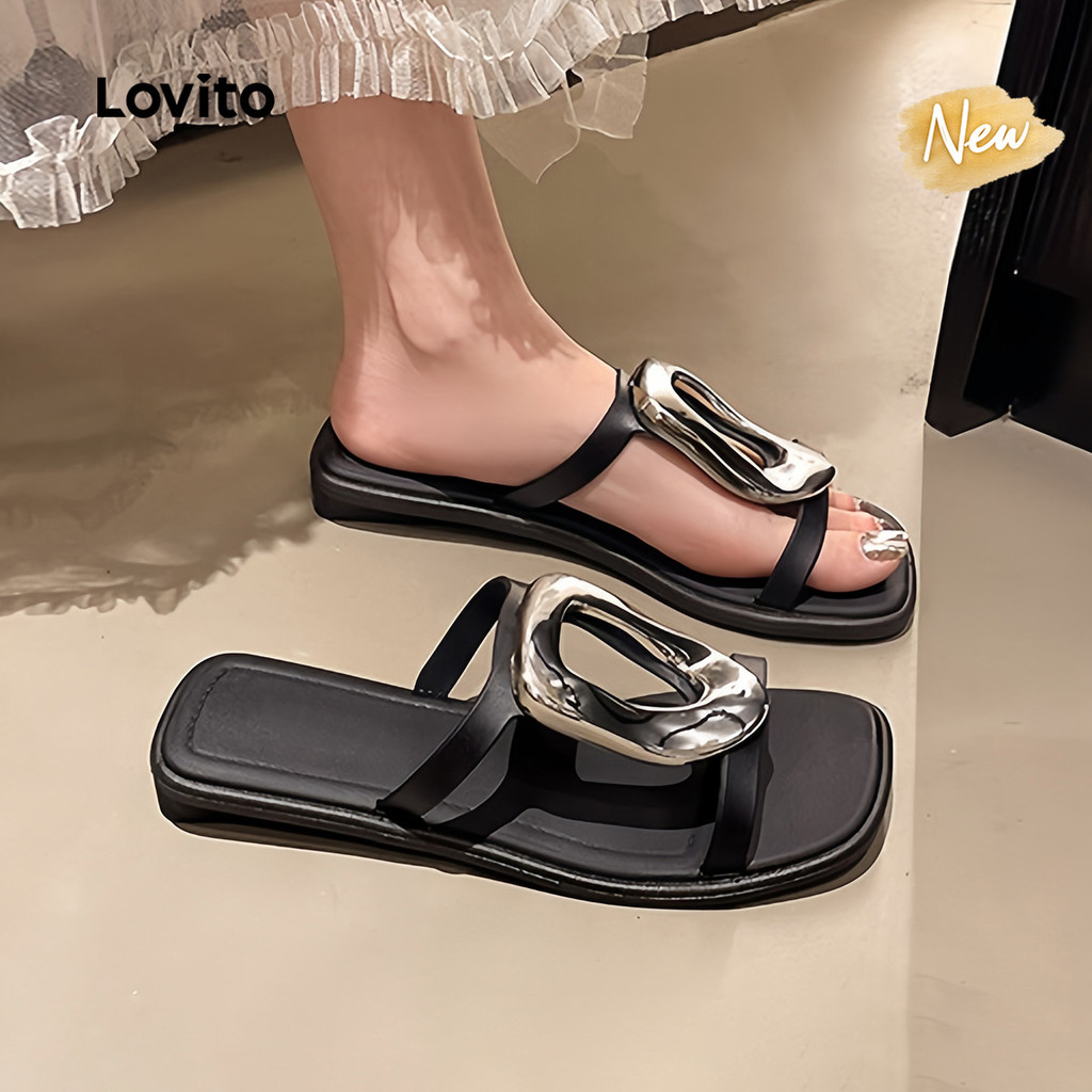 (New Arrival) Lovito Elegant Geometric Rounded Toe Metal Buckle New Style Texture Flat Sandals for Women FSFB127FX010