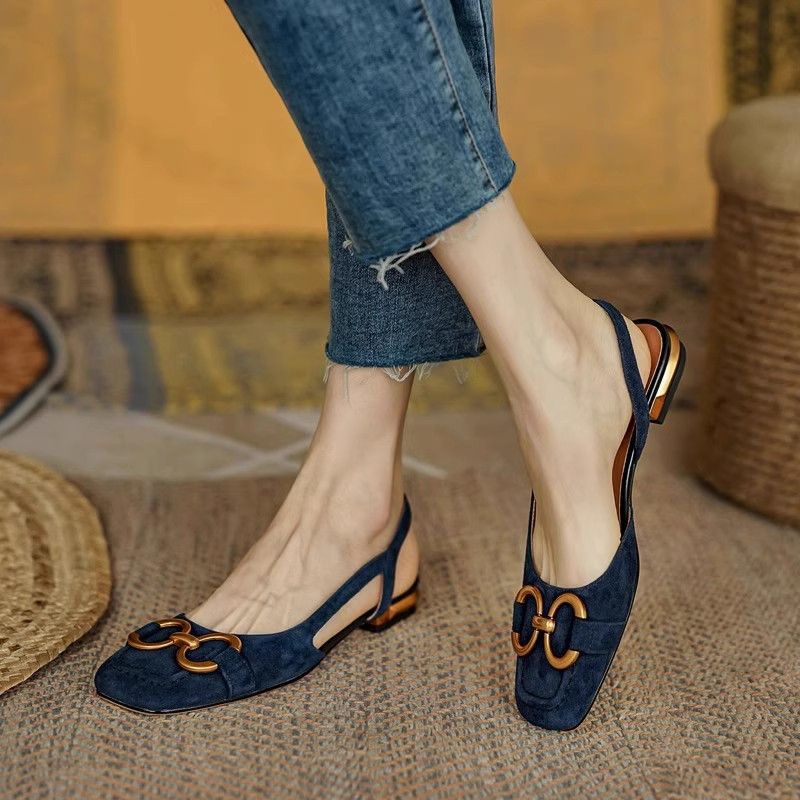 Metal buckle toe meio sapato de verão mulheres novas sandais retalho planos dedos quadrados boca superficial sapato únic