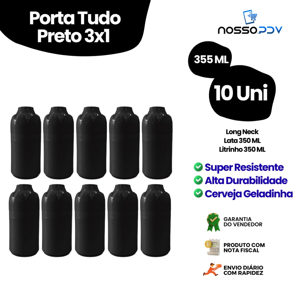 Kit 10 Porta Tudo 3x1 Para Cerveja Long Neck Litrinho Lata 355 ML Cor Preto Parede Dupla Alta Qualidade Envio Rápido
