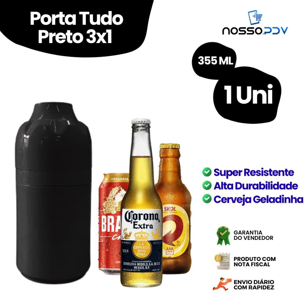 Porta Tudo 3x1 Para Cerveja Long Neck Litrinho Lata 355 ML Cor Preto Parede Dupla Alta Qualidade Envio Rápido