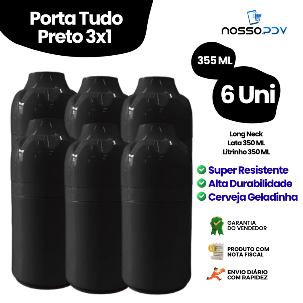 Kit 6 Porta Tudo 3x1 Para Cerveja Long Neck Litrinho Lata 355 ML Cor Preto Parede Dupla Alta Qualidade Envio Rápido