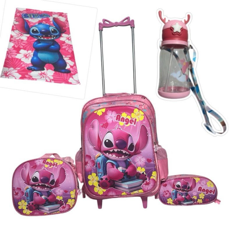 Kit  LABUBU em 3D com Rodinhas  + Lancheira Térmica + Estojo + Toalha Infantil Escolar + Garrafa de água