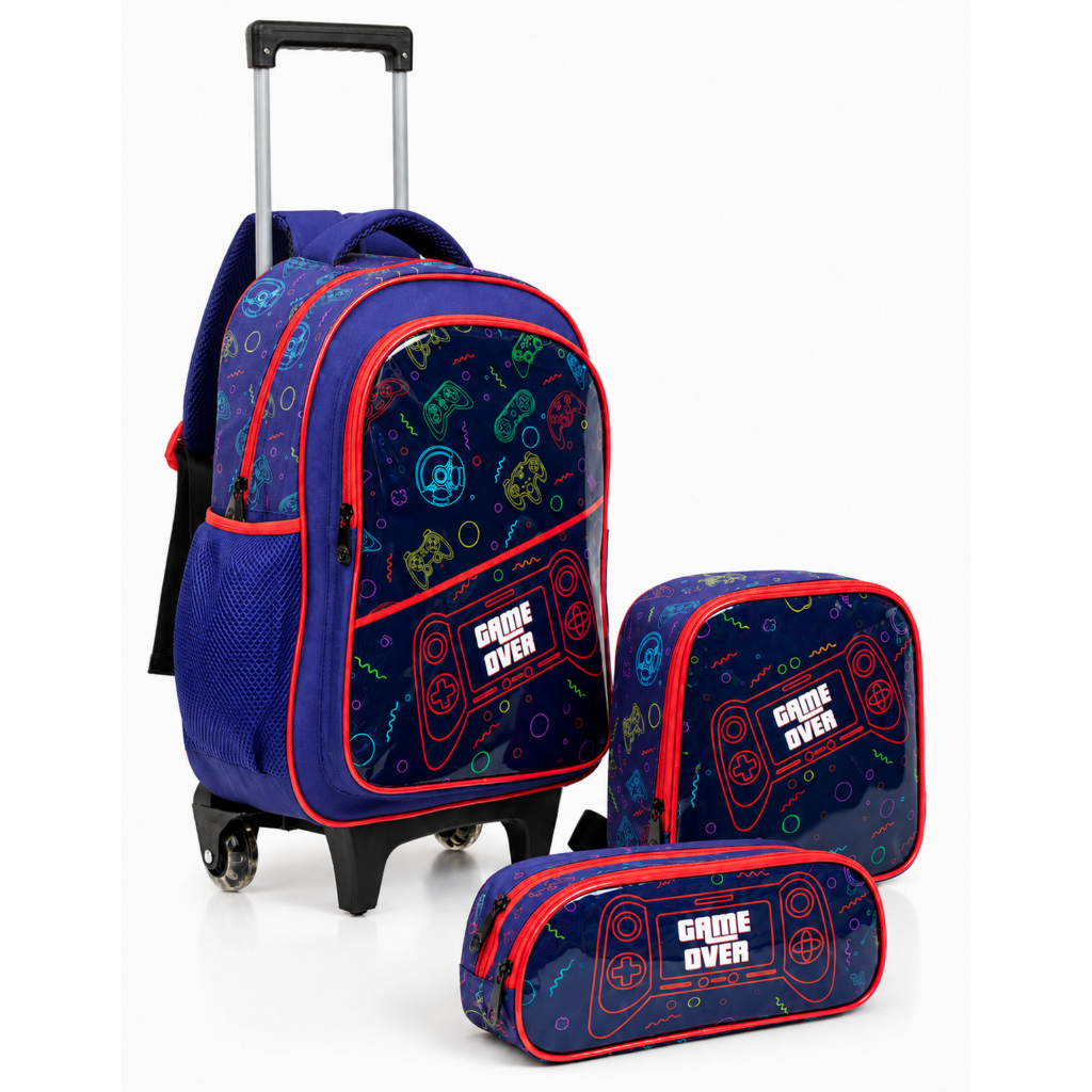 Kit Mochila De Rodinha Escolar Infantil Menino Lancheira Estojo Garrafa Game
