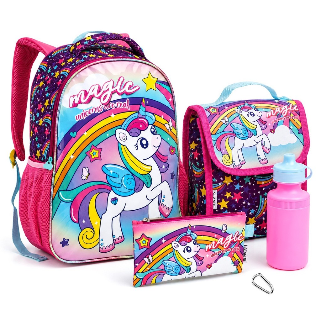 Kit Mochila Reforçada Escolar Para Meninas Magic Pony Com Lancheira Térmica + Estojo + Garrafa Rosa