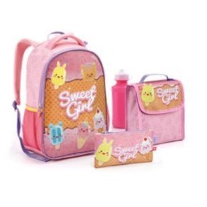Kit Mochila Costas Garrafa Girl Sorvete Lancheira Estojo Menina