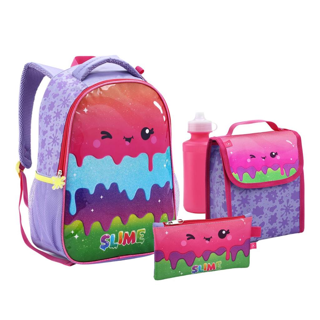 Kit Mochila Costa Lancheira Garrafa Estojo Slime Roxo