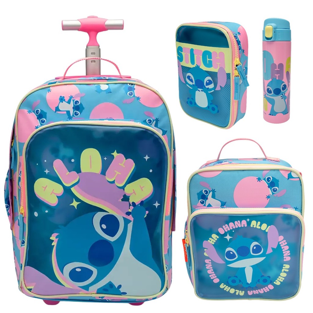 Kit Mochila Rodinha Lancheira Estojo e Garrafa  Stitch Puket