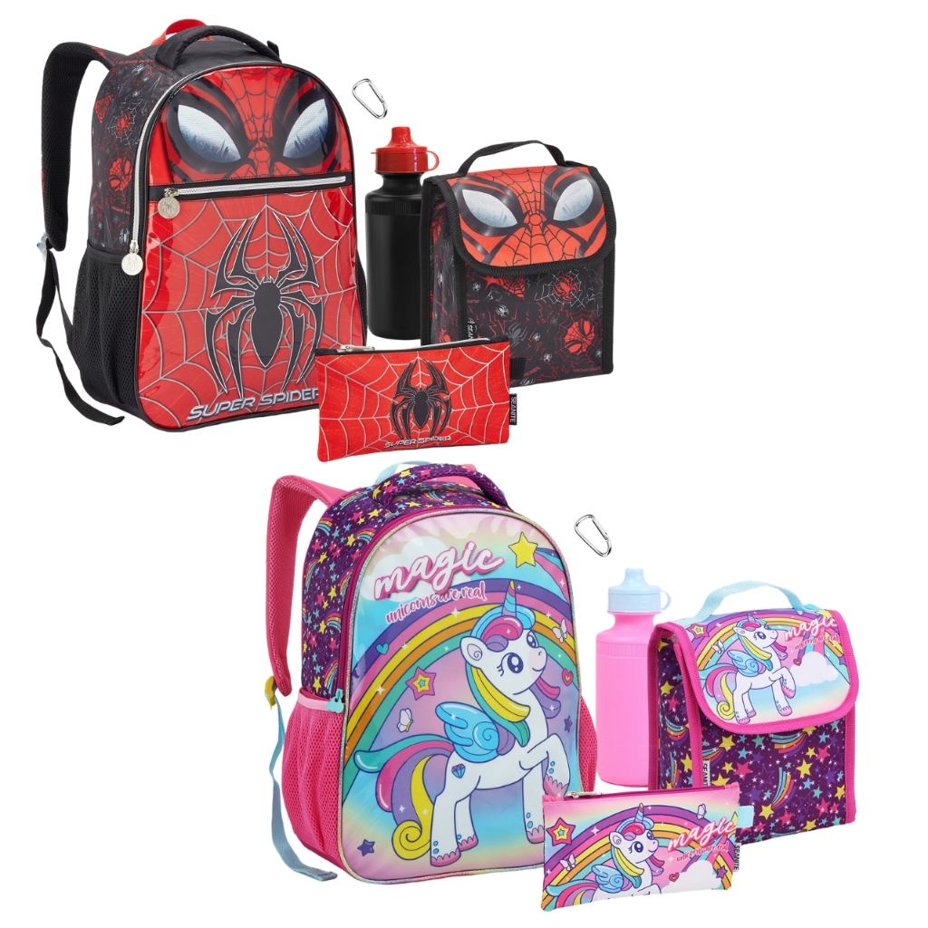 Kit Mochila Infantil Menino Menina com Lancheira Estojo e Garrafa Mochila Bolsa Escolar Costas