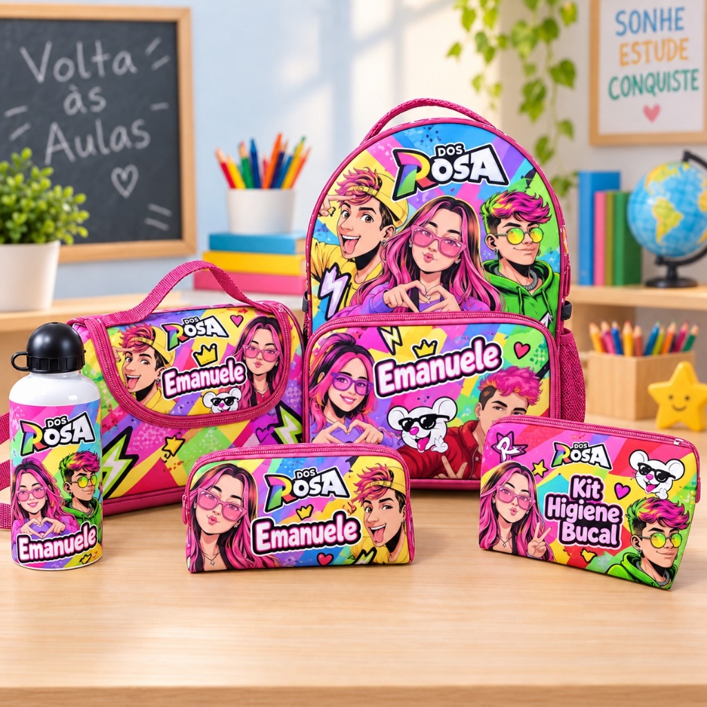 Kit Escolar Infantil Personalizado Dos Rosa Mochila Lancheira Estojo Garrafa 5 Peças