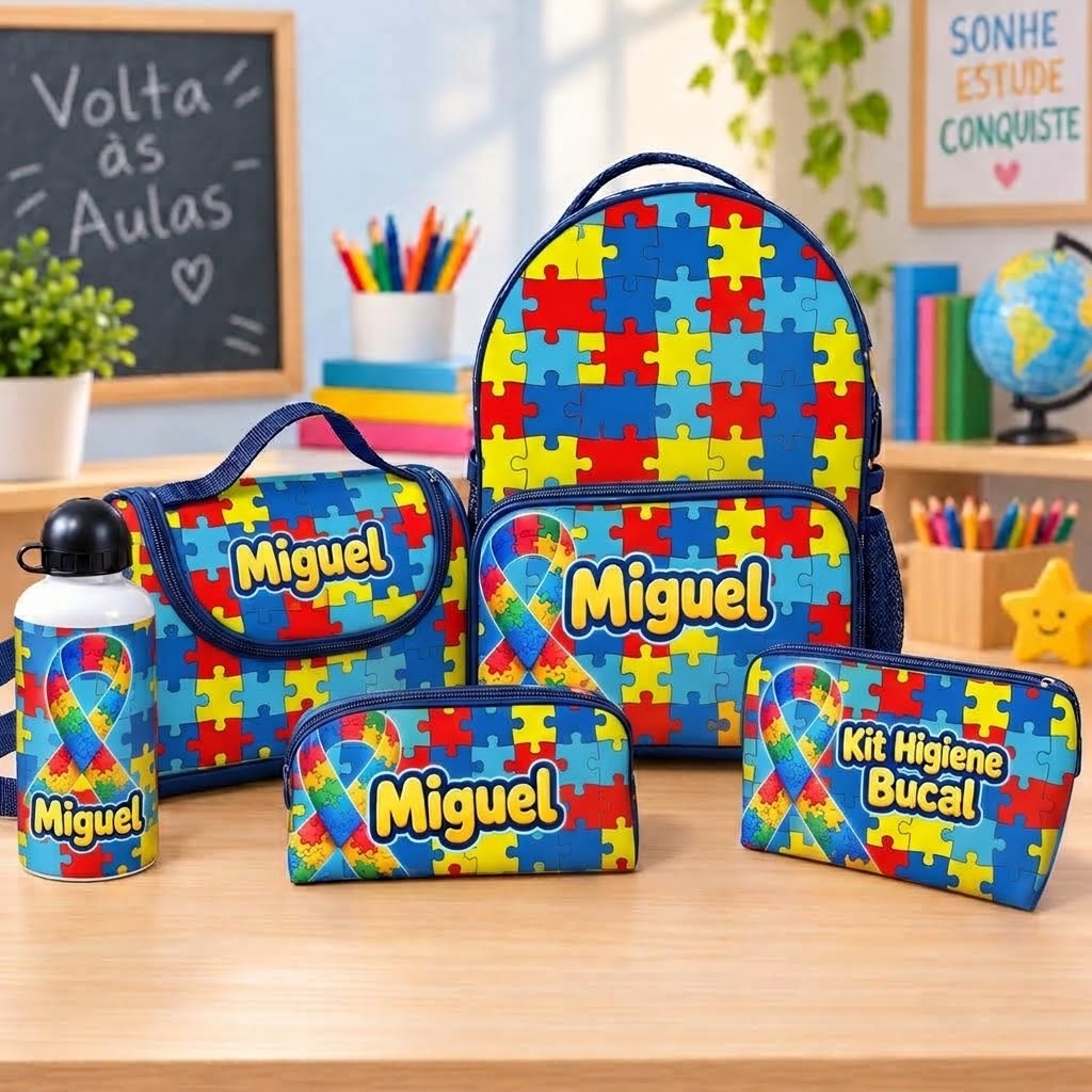 Kit Escolar Infantil Autismo Personalizado Mochila Lancheira Estojo Garrafa 5 Peças