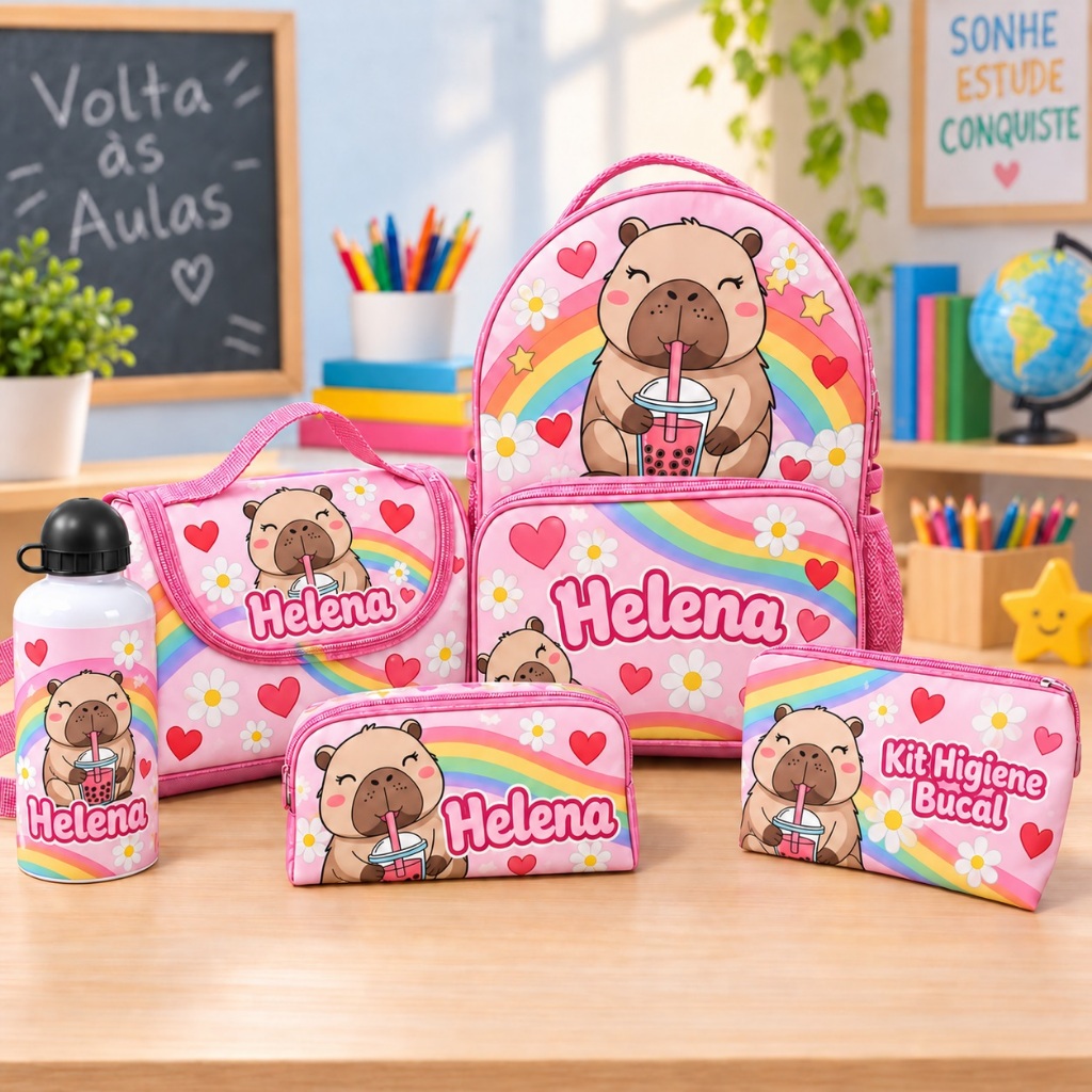 Kit Escolar Infantil Personalizado Capivara Mochila Lancheira Estojo Garrafa 5 Peças