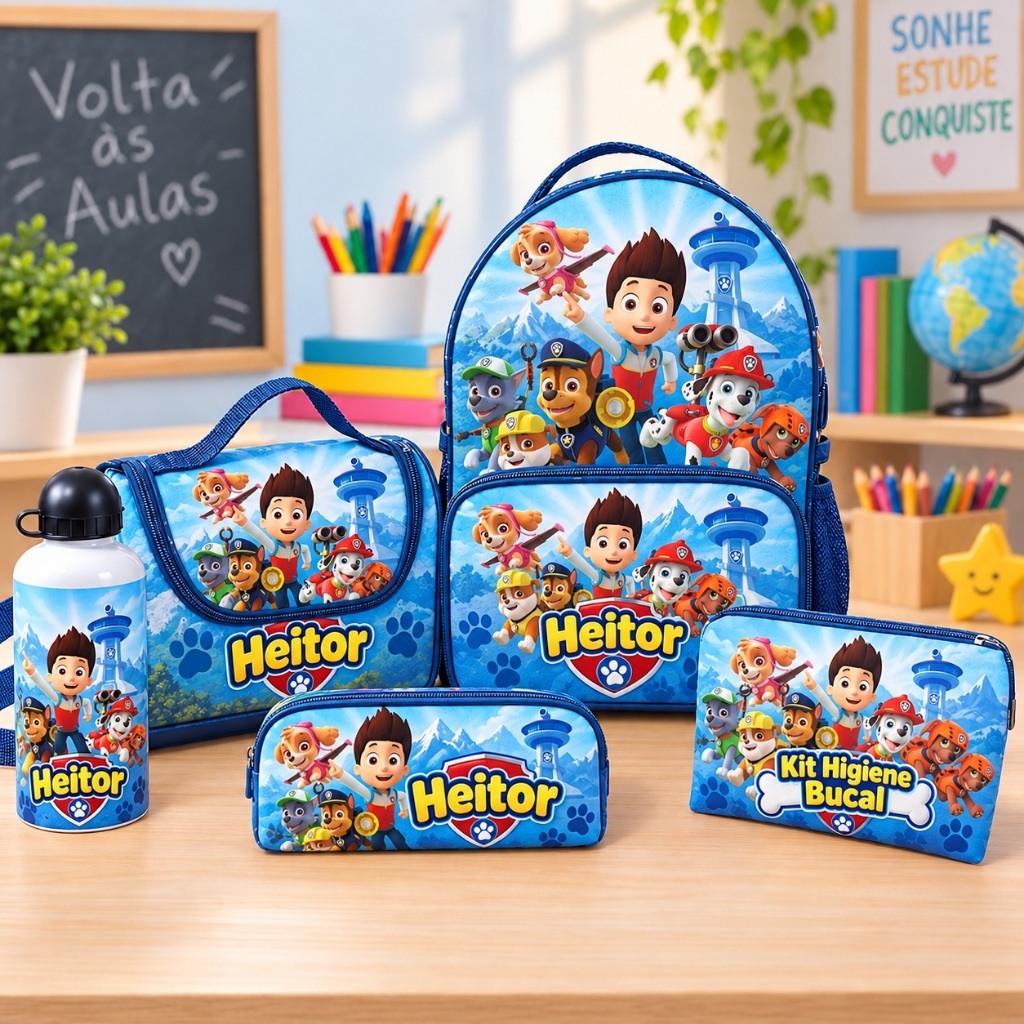 Kit Escolar Infantil Personalizado Mochila Lancheira Estojo Garrafa 5 Peças