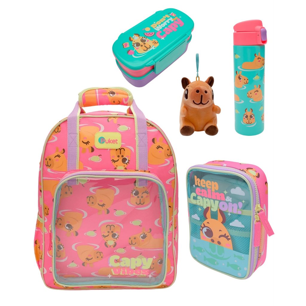 Kit Puket Mochila Estojo Garrafa Marmita Capivara + Brinde
