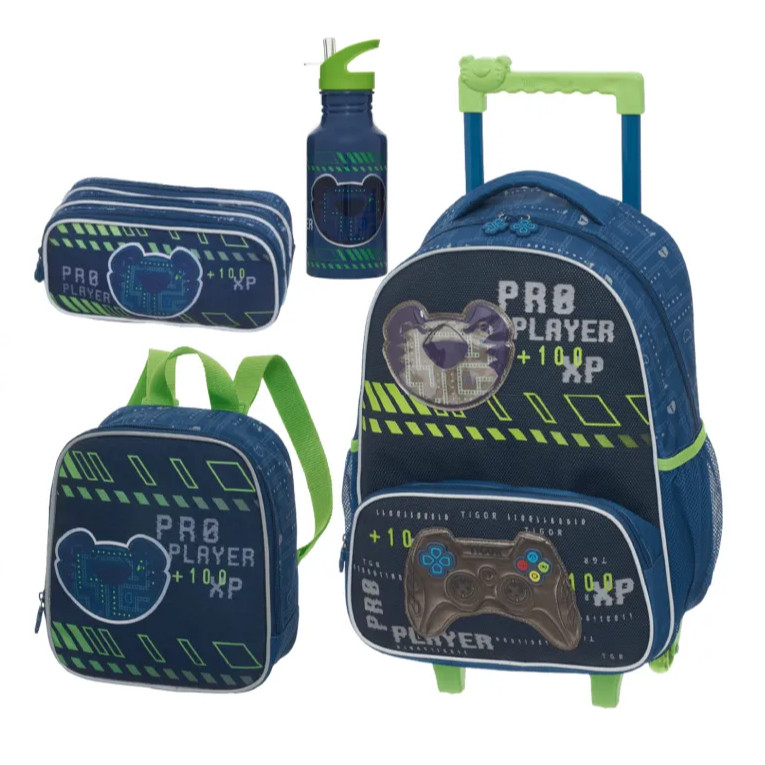 Kit Mochila com rodas + lancheira + estojo triplo + garrafa escolar Tigor T. Tigre Gamer Lançamento 2026