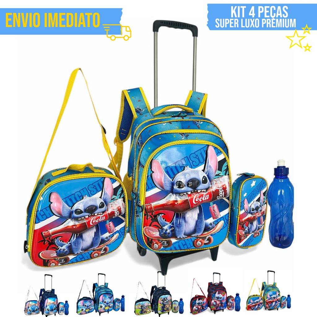 Kit Mochila Infantil Stitch 3D Menino Rodinha Resistente Lancheira Estojo e Garrafa Impermeável