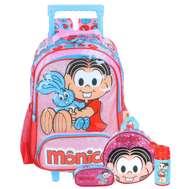 Kit Conjunto Escolar Menina Luxo Turma Monica Mochila Rodas e Costas + Lancheira Térmica + Estojo + Garrafa