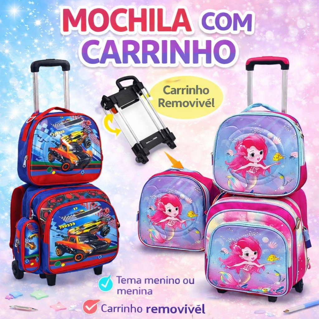 KIT Mochila infantil + lancheira + estojo com carrinho de rodinha e porta garrafa menino e menina