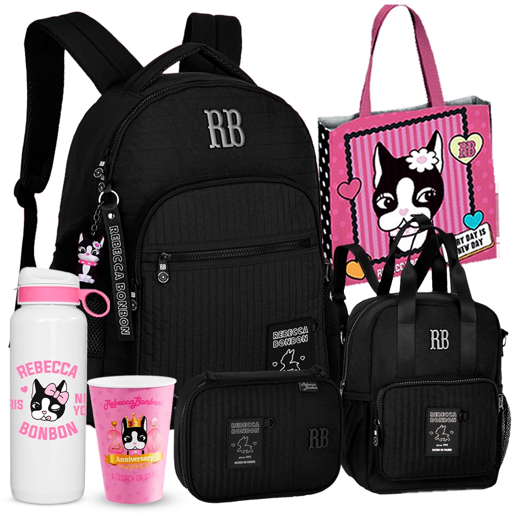 Kit Holográfico Rebecca Bonbon Completo Mochila Estojo E Lancheira Com Garrafa RB