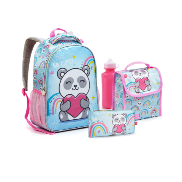 Mochila Escolar Menina Urso Panda Garrafa Lancheira Estojo