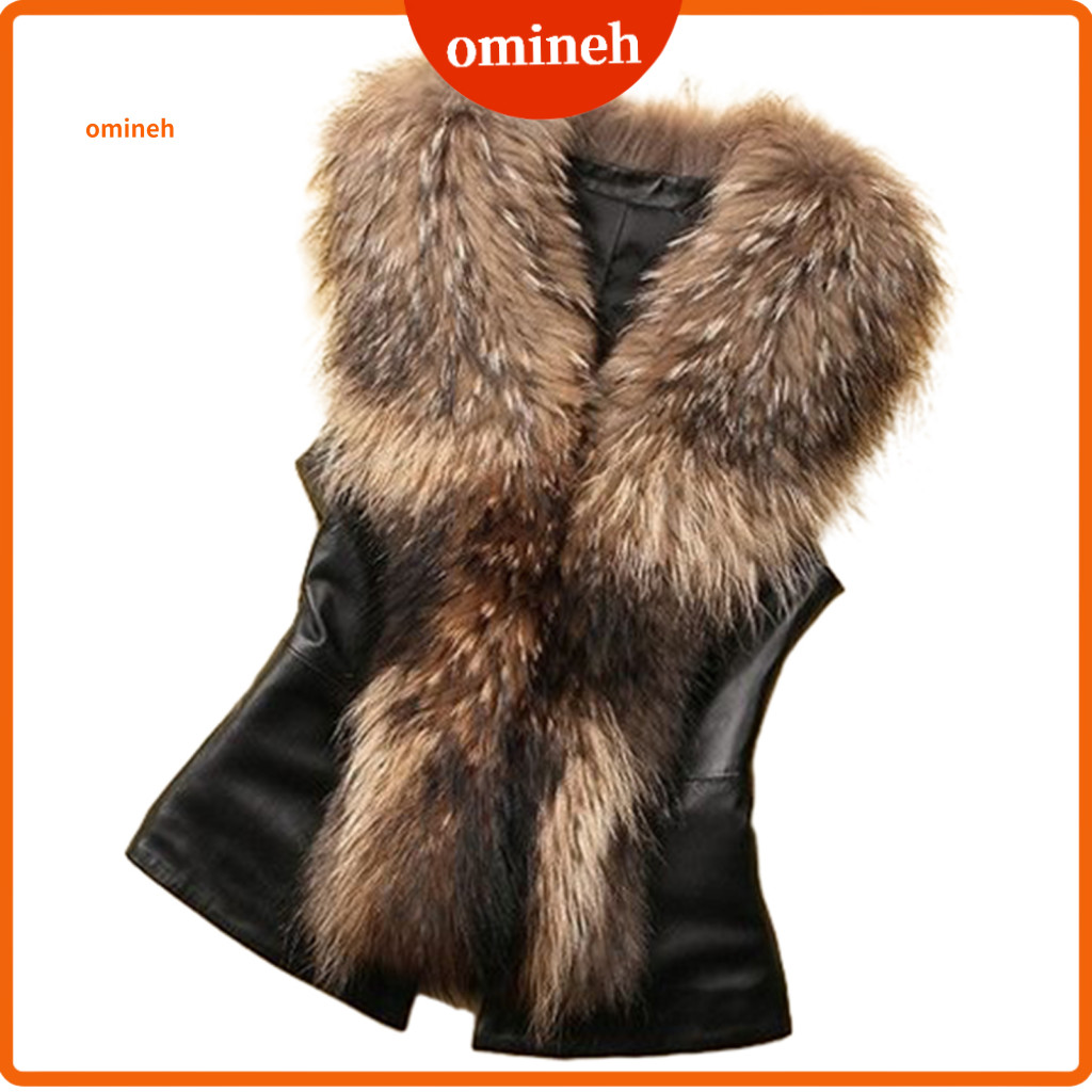 Women Faux Fur Vest Slim Fit Women’s Leather with Collar Open Front Moto Biker Jacket Thick Fall Winter Outerwear Styl