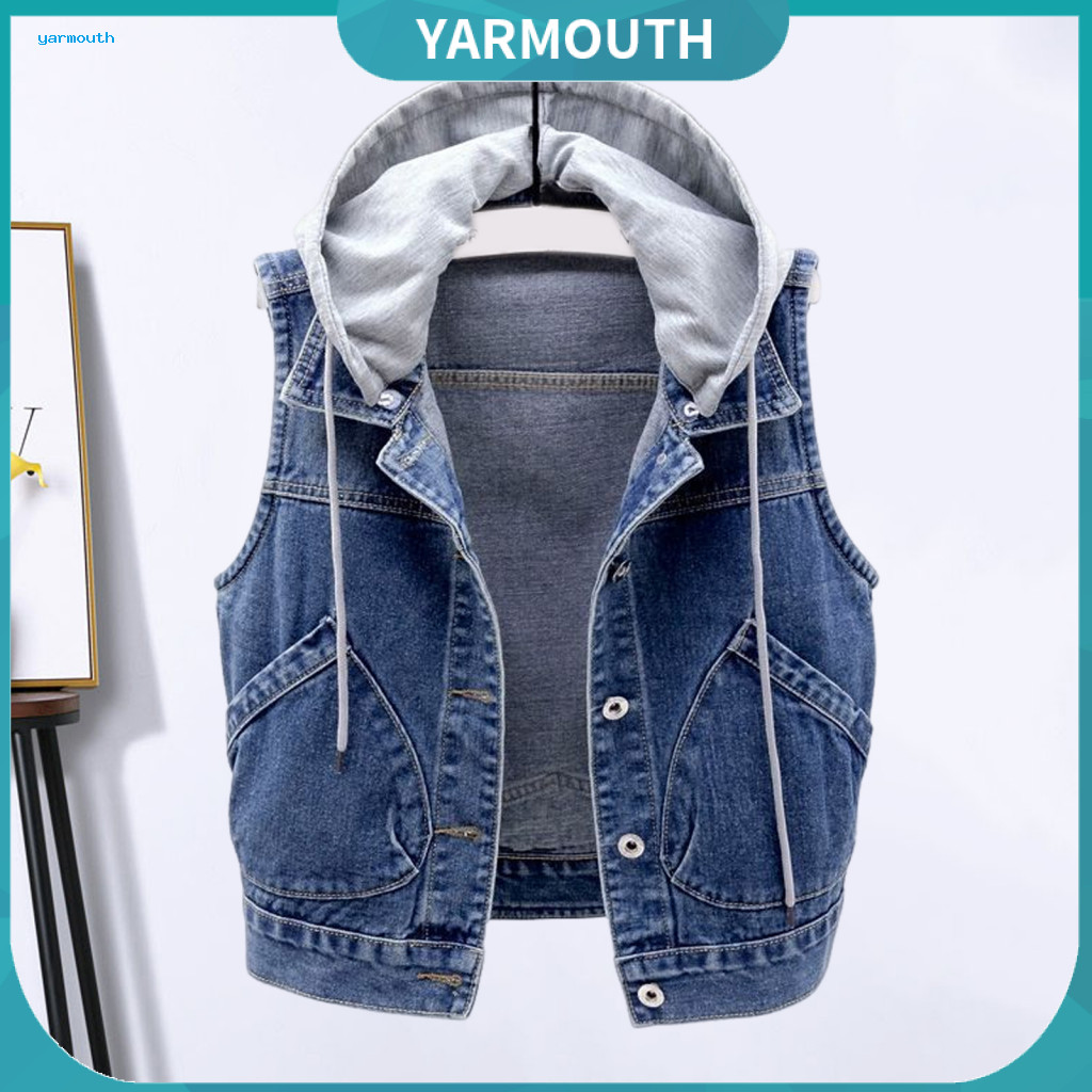 Women Fall Outerwear Lightweight Coat Women’s Denim Vest Jacket with Hood Single-breasted Drawstring Waistcoat Loose F