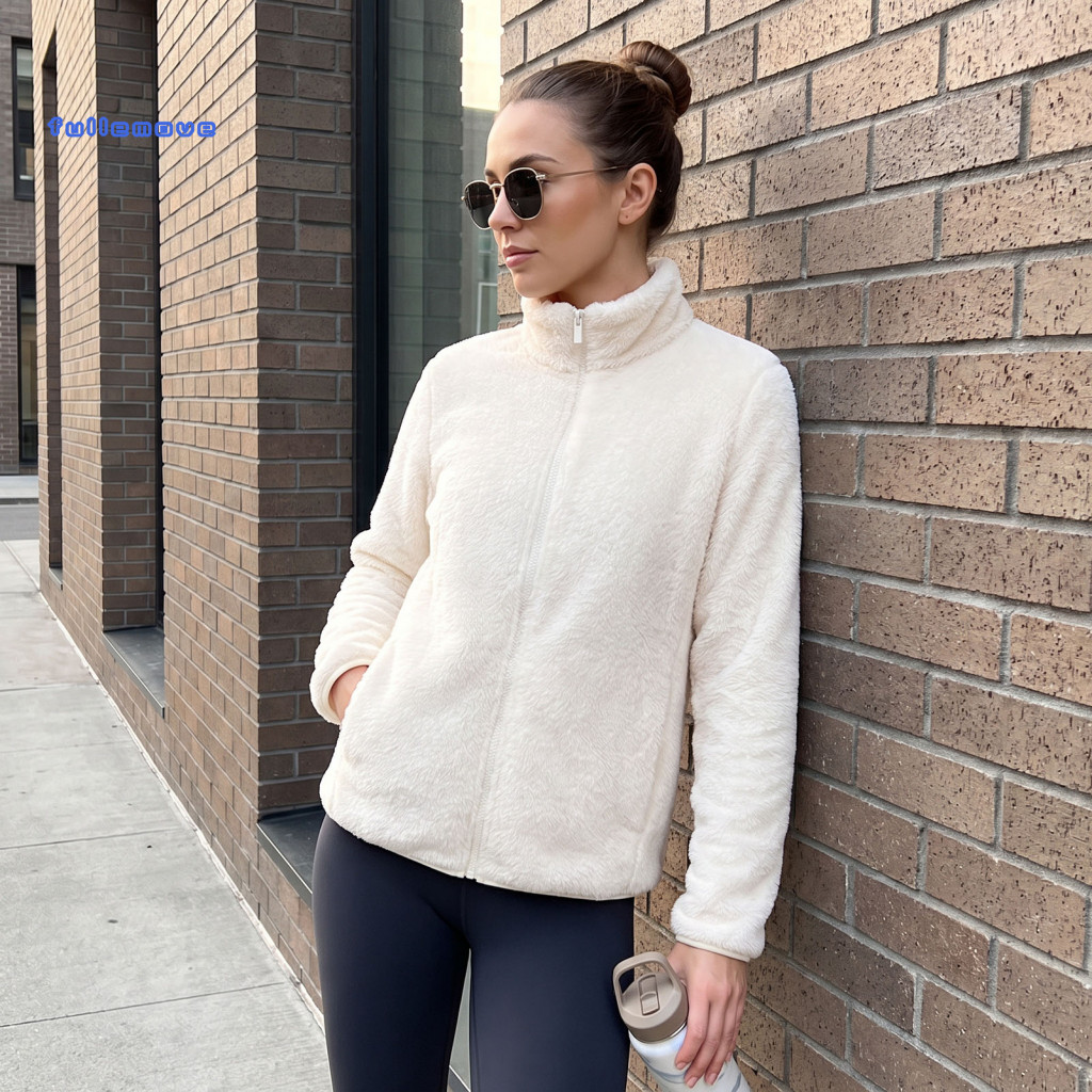 Loose Fleece Jacket Women’s Warm Zip-up Stand Collar Long Sleeve Coat Solid Color Fit Outerwear for Fall Winter Lightw