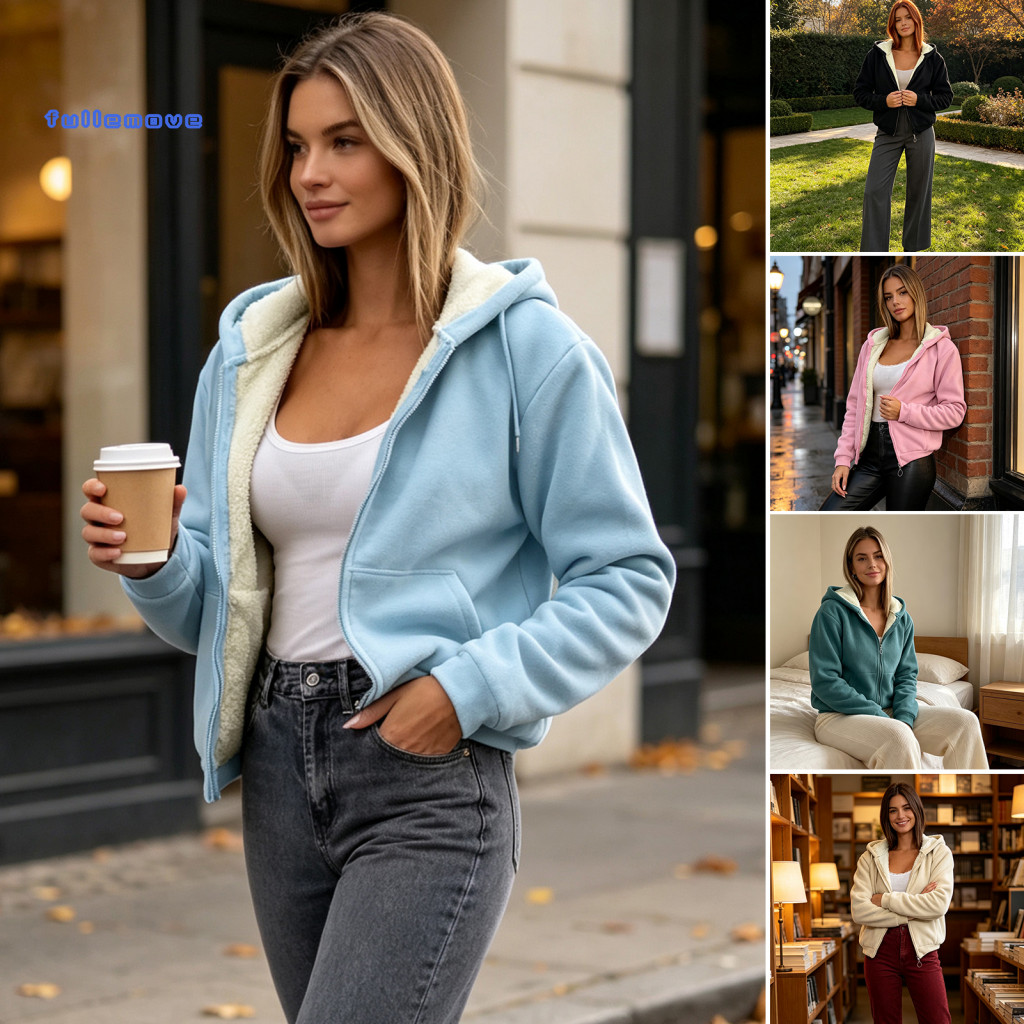 Winter Fleece Coat Outerwear Women’s Warm Hooded Jacket with Pockets Thickened Zip-up for Fall Loose Fit Comfortable f