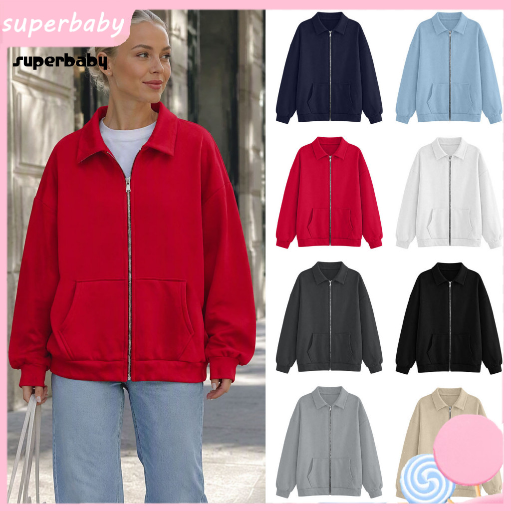 Long Sleeve Lapel Outerwear Pocketed Zip Jacket Men Women Fall Winter Zip-up Loose Fit Solid Color Coat with Pockets Lig