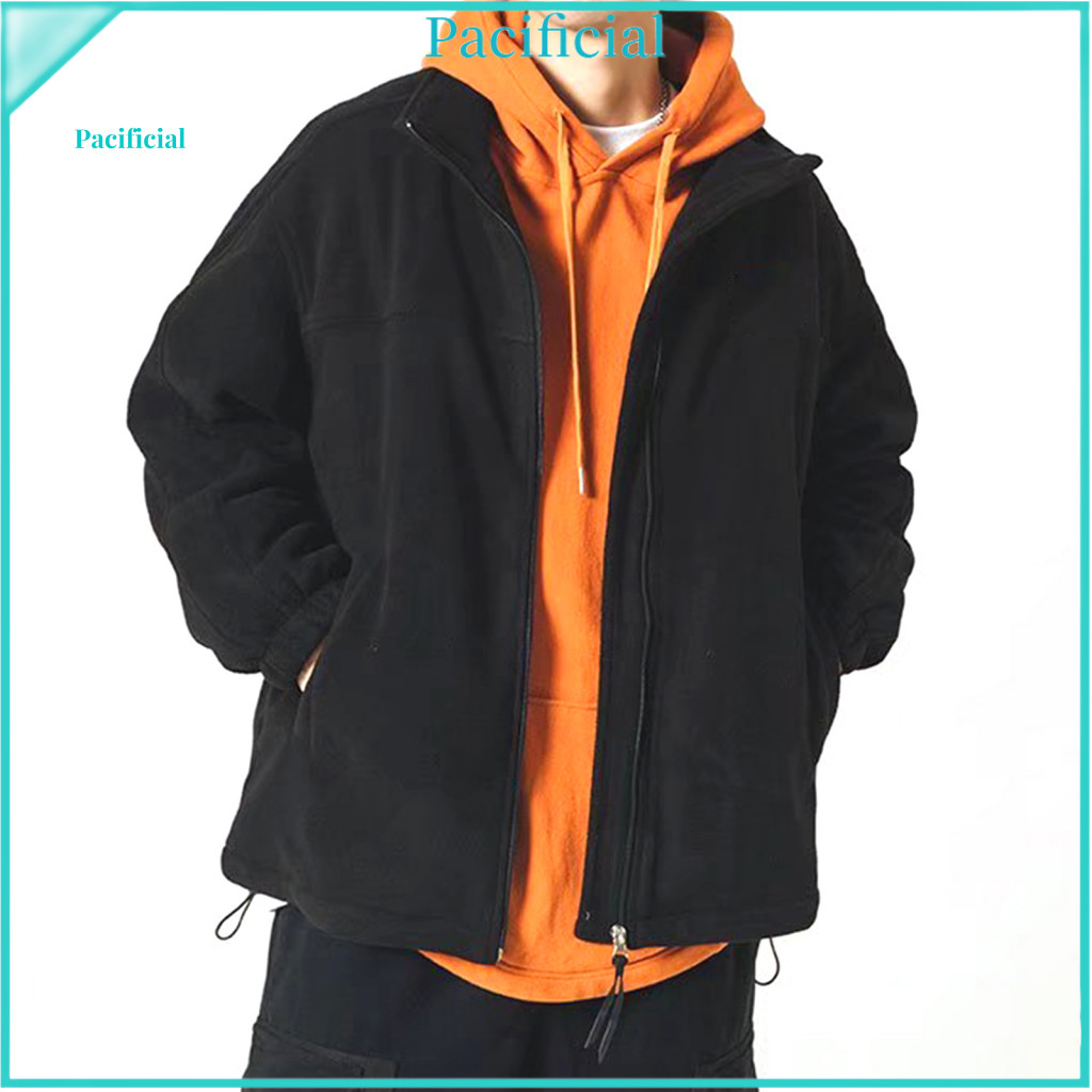 Zipper Placket Men Jacket Long-sleeved Retro Lambswool Coat for and Women Stand Collar Loose Fit Fall Winter Outerwear w