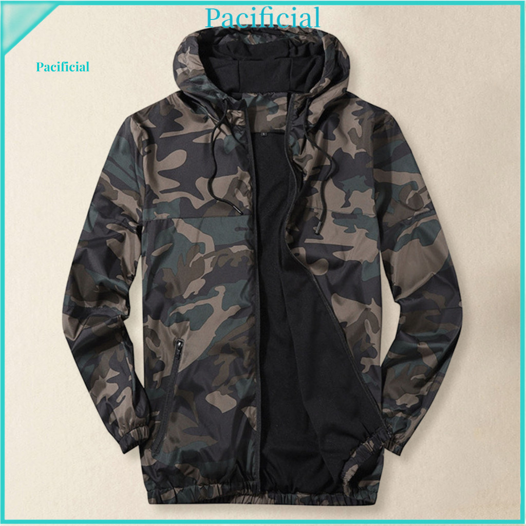 Men Plus Size Coat Comfortable Outerwear Men's Fall Winter Jacket Hooded Camouflage Breathable Mesh Long Sleeve Zipper C