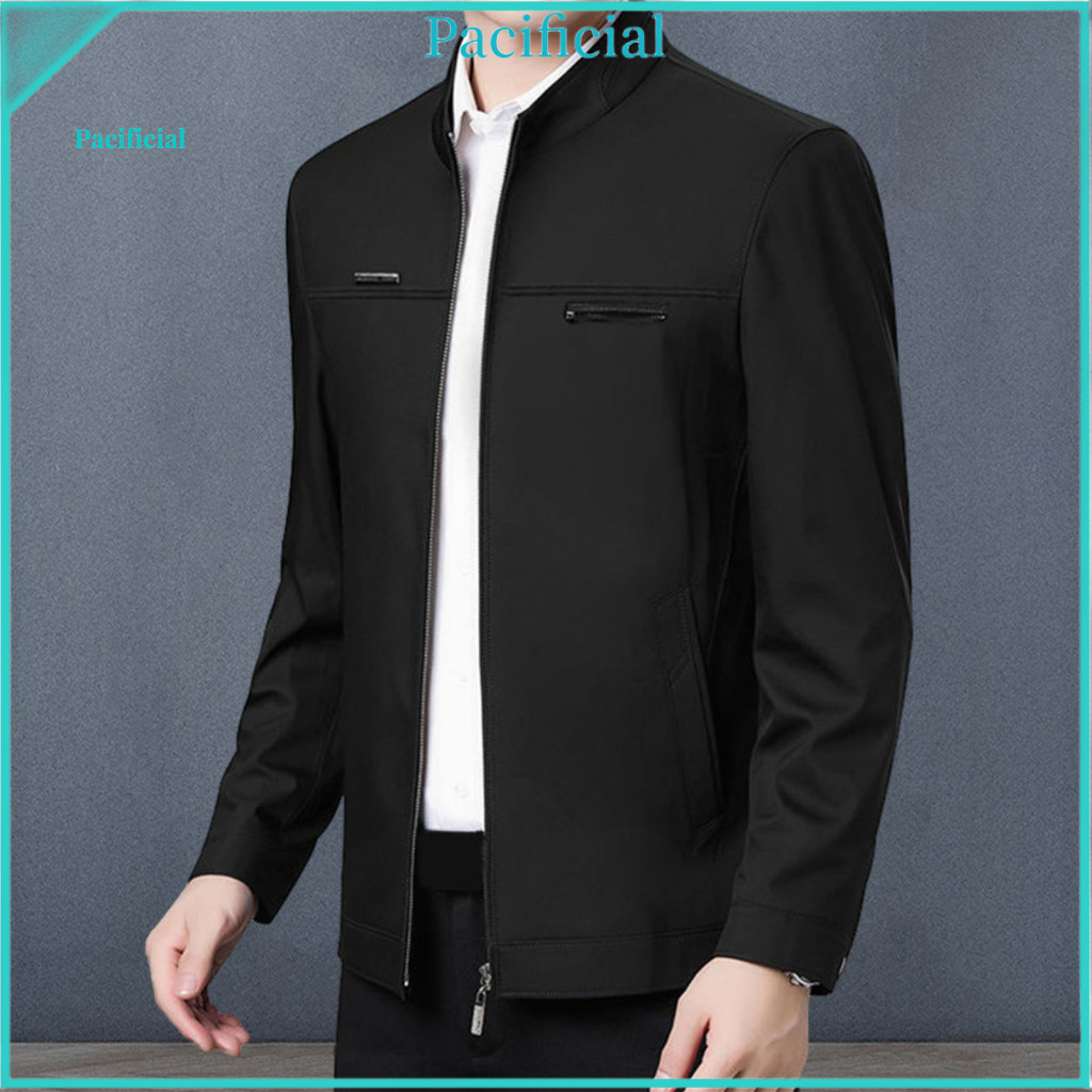 Men Winter Jacket Outerwear Men's Spring Fall Coat Stand Collar Mid-aged Father Style Solid Color Long Sleeve Smooth Zip