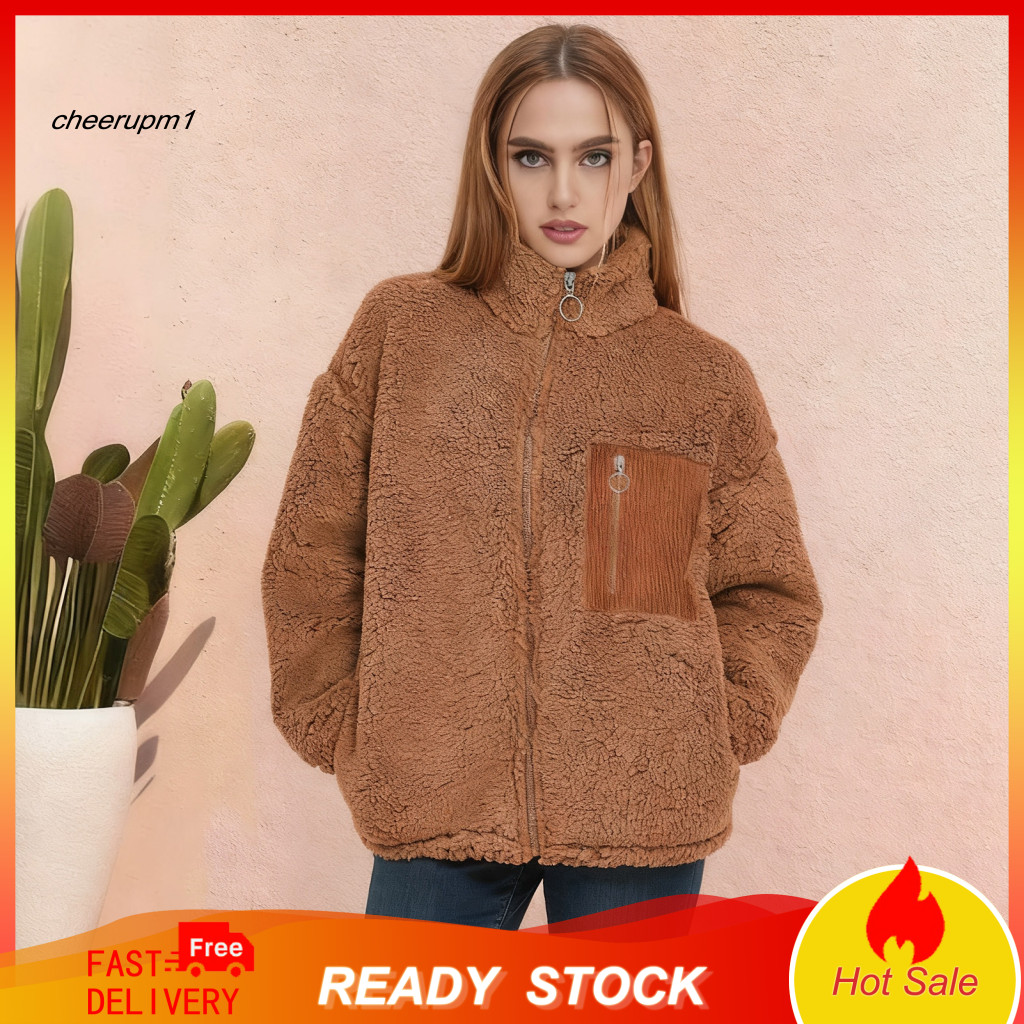 Women Outerwear Coat Women’s Fleece Jacket Long Sleeve Zip-up Sherpa Warm Loose Fit with Pockets for Fall Winter Soft